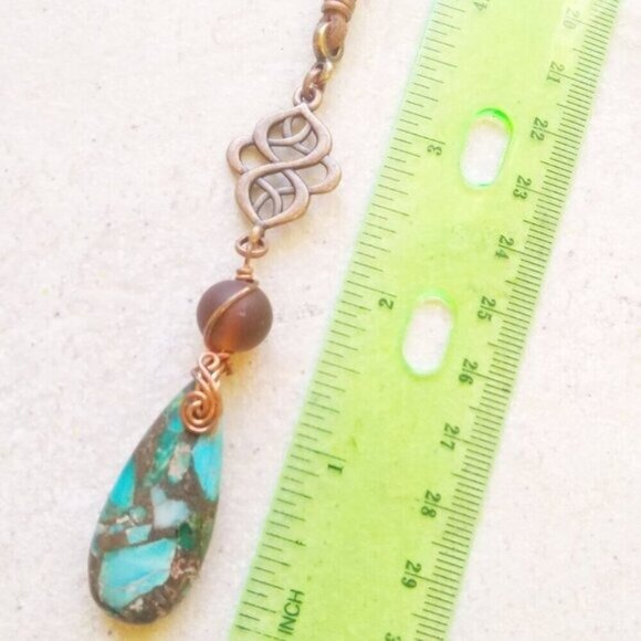 One-of-a-kind Celtic Knot & Sea Sediment Jasper Necklace w. 45" Faux Suede Cord - Picture 6 of 7